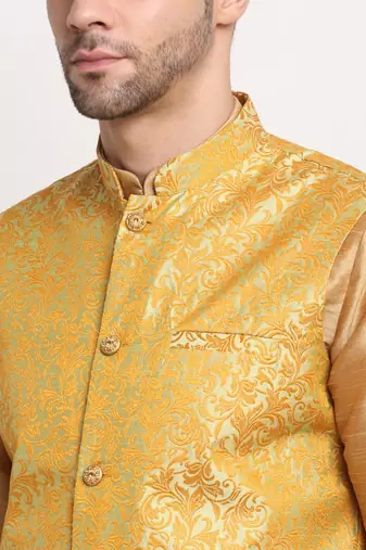Gold Silk Blend Kurta and churidar with Jacquard Pista Nehru jacket