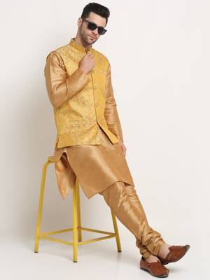 Gold Silk Blend Kurta and churidar with Jacquard Pista Nehru jacket 4