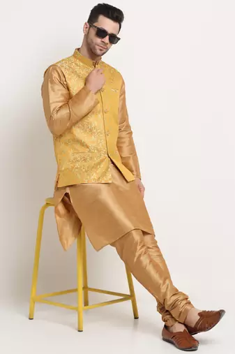 Gold Silk Blend Kurta and churidar with Jacquard Pista Nehru jacket