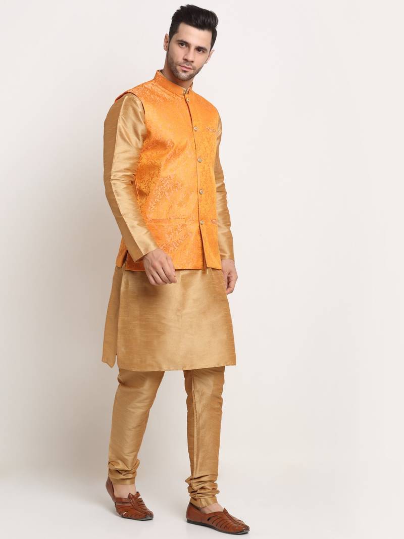 Gold Silk Blend Kurta and churidar with Jacquard Peach Nehru jacket
