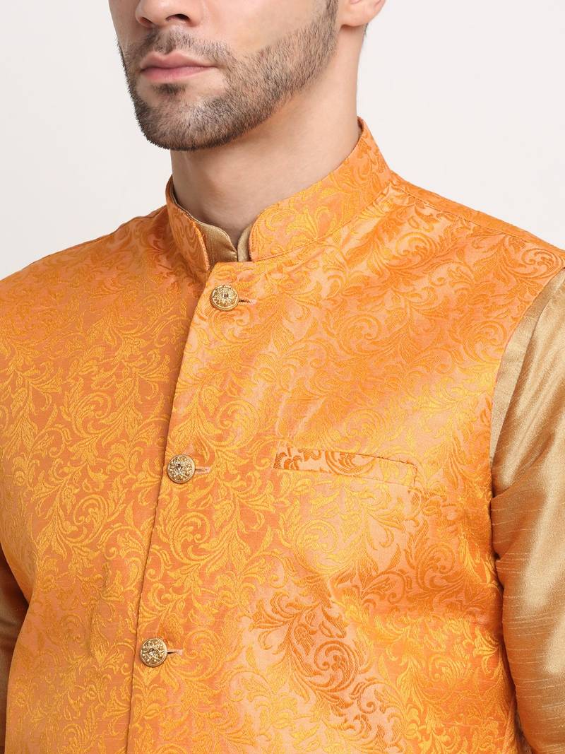 Gold Silk Blend Kurta and churidar with Jacquard Peach Nehru jacket