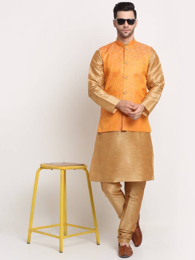 Gold Silk Blend Kurta and churidar with Jacquard Peach Nehru jacket