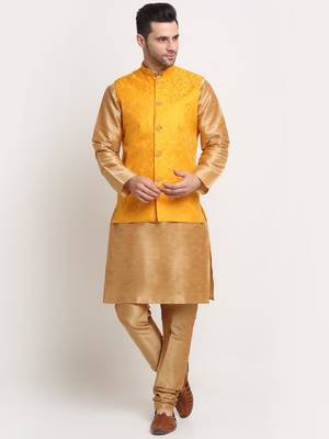 Gold Silk Blend Kurta and churidar with Jacquard Yellow Nehru jacket 1