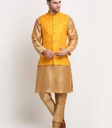Gold Silk Blend Kurta and churidar with Jacquard Yellow Nehru jacket