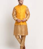 Gold Silk Blend Kurta and churidar with Jacquard Yellow Nehru jacket