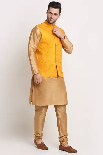 Gold Silk Blend Kurta and churidar with Jacquard Yellow Nehru jacket