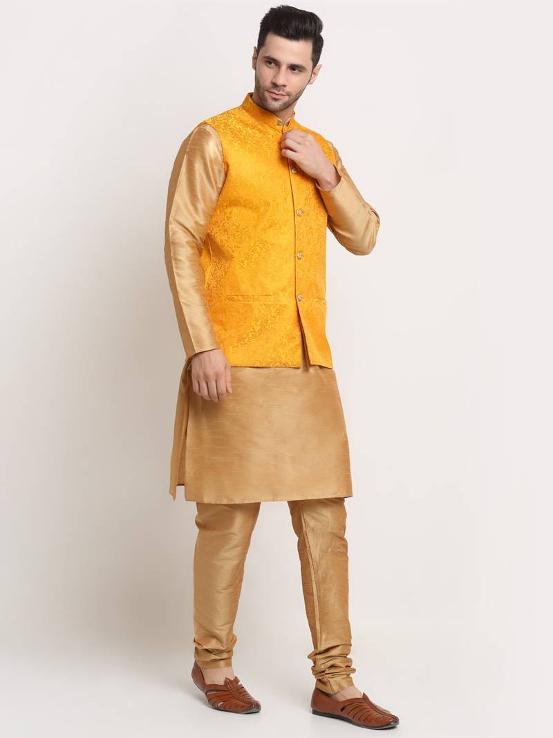 Gold Silk Blend Kurta and churidar with Jacquard Yellow Nehru jacket