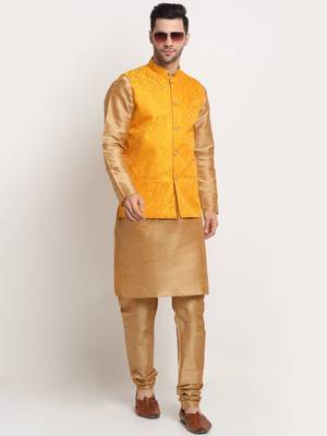 Gold Silk Blend Kurta and churidar with Jacquard Yellow Nehru jacket 4