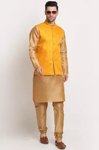Gold Silk Blend Kurta and churidar with Jacquard Yellow Nehru jacket