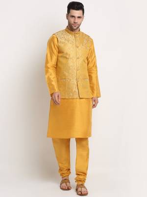 Mustard Silk Blend Kurta and churidar with Jacquard Pista Nehru jacket 1