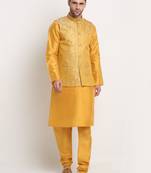 Mustard Silk Blend Kurta and churidar with Jacquard Pista Nehru jacket