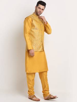 Mustard Silk Blend Kurta and churidar with Jacquard Pista Nehru jacket 2