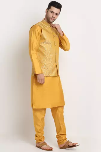 Mustard Silk Blend Kurta and churidar with Jacquard Pista Nehru jacket