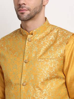 Mustard Silk Blend Kurta and churidar with Jacquard Pista Nehru jacket 3