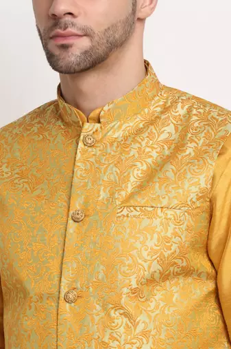 Mustard Silk Blend Kurta and churidar with Jacquard Pista Nehru jacket