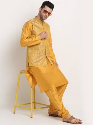 Mustard Silk Blend Kurta and churidar with Jacquard Pista Nehru jacket 4
