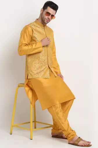 Mustard Silk Blend Kurta and churidar with Jacquard Pista Nehru jacket