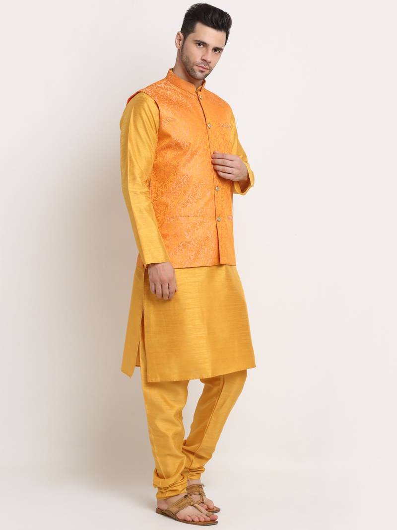 Mustard Silk Blend Kurta and churidar with Jacquard Peach Nehru jacket
