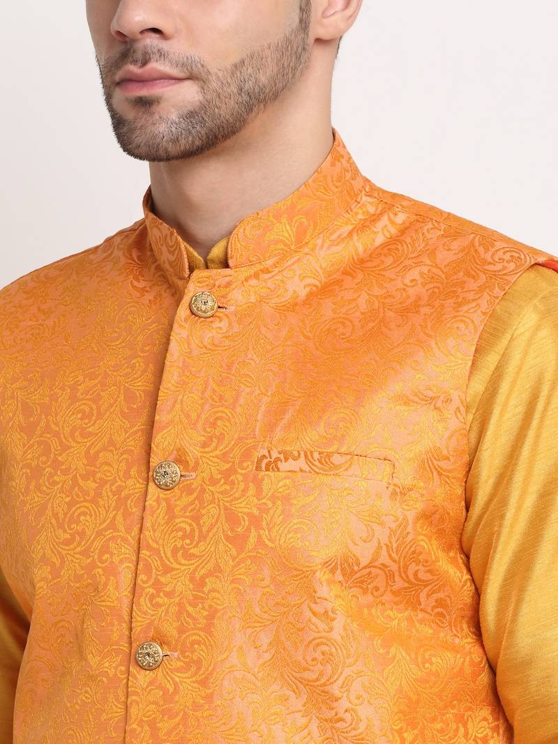 Mustard Silk Blend Kurta and churidar with Jacquard Peach Nehru jacket