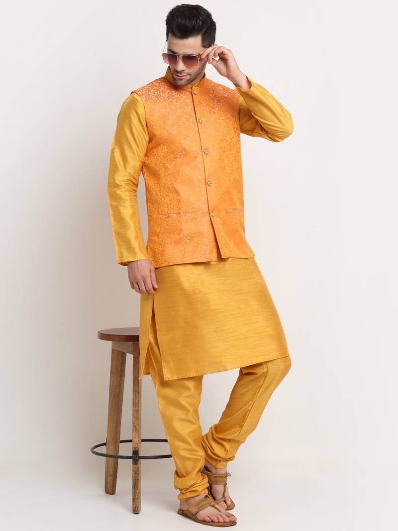 Mustard Silk Blend Kurta and churidar with Jacquard Peach Nehru jacket
