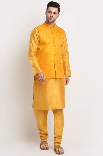 Mustard Silk Blend Kurta and churidar with Jacquard Yellow Nehru jacket