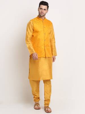 Mustard Silk Blend Kurta and churidar with Jacquard Yellow Nehru jacket 1