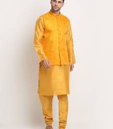 Mustard Silk Blend Kurta and churidar with Jacquard Yellow Nehru jacket