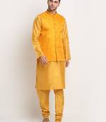 Mustard Silk Blend Kurta and churidar with Jacquard Yellow Nehru jacket