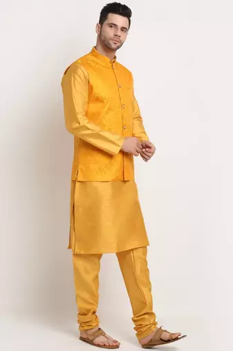 Mustard Silk Blend Kurta and churidar with Jacquard Yellow Nehru jacket