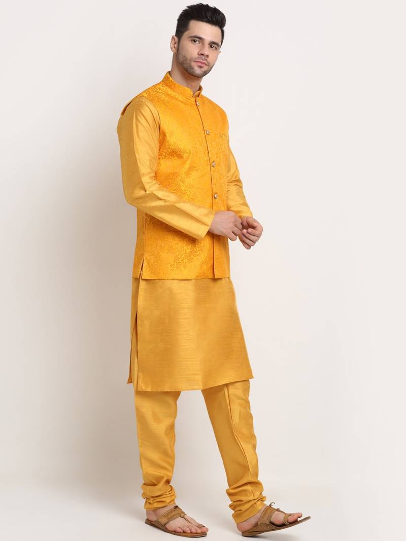 Mustard Silk Blend Kurta and churidar with Jacquard Yellow Nehru jacket