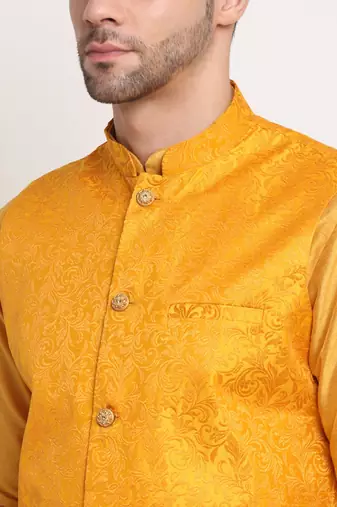 Mustard Silk Blend Kurta and churidar with Jacquard Yellow Nehru jacket