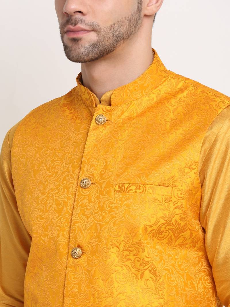 Mustard Silk Blend Kurta and churidar with Jacquard Yellow Nehru jacket
