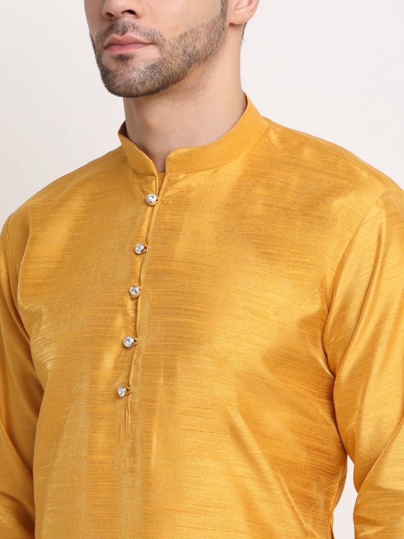 Mustard Silk Blend Kurta and churidar with Jacquard Yellow Nehru jacket