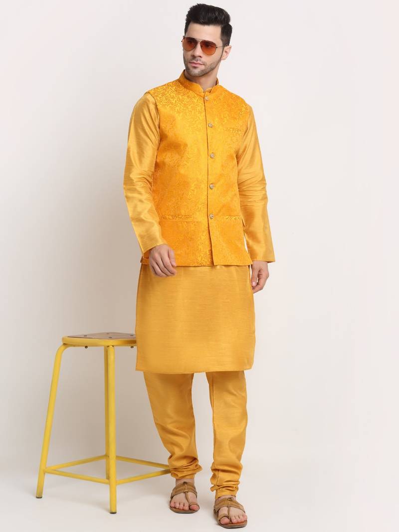 Mustard Silk Blend Kurta and churidar with Jacquard Yellow Nehru jacket
