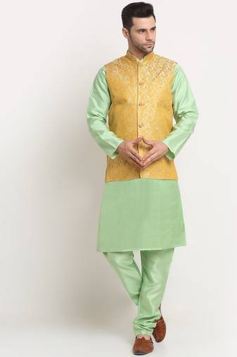 Sea Green Silk Blend Kurta and churidar with Jacquard Pista Nehru jacket