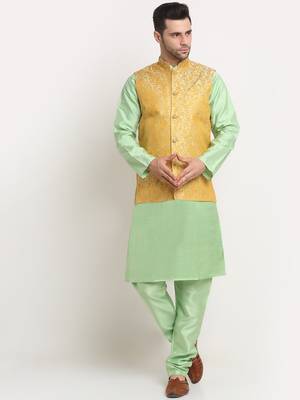 Sea Green Silk Blend Kurta and churidar with Jacquard Pista Nehru jacket 1