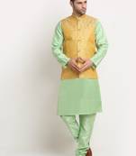 Sea Green Silk Blend Kurta and churidar with Jacquard Pista Nehru jacket