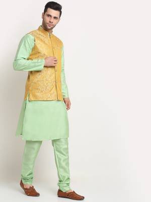 Sea Green Silk Blend Kurta and churidar with Jacquard Pista Nehru jacket 2
