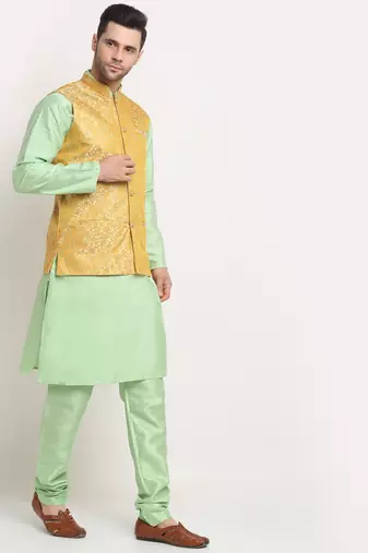 Sea Green Silk Blend Kurta and churidar with Jacquard Pista Nehru jacket