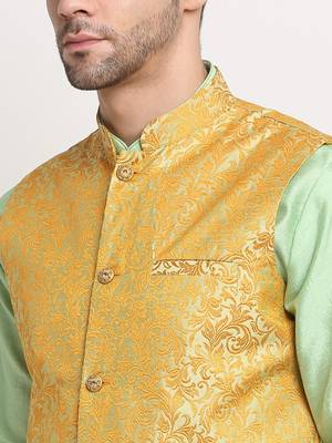 Sea Green Silk Blend Kurta and churidar with Jacquard Pista Nehru jacket 3