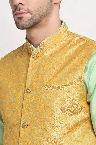 Sea Green Silk Blend Kurta and churidar with Jacquard Pista Nehru jacket