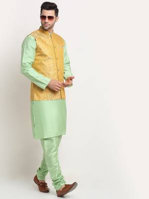 Sea Green Silk Blend Kurta and churidar with Jacquard Pista Nehru jacket 4