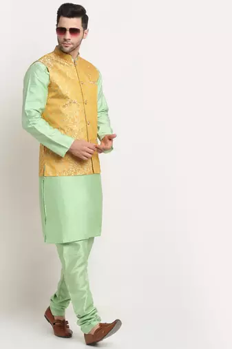 Sea Green Silk Blend Kurta and churidar with Jacquard Pista Nehru jacket
