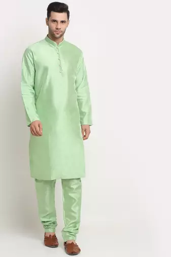 Sea Green Silk Blend Kurta and churidar with Jacquard Pista Nehru jacket