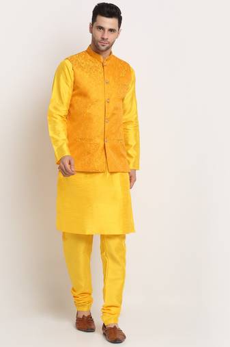 Yellow Silk Blend Kurta and churidar with Jacquard Yellow Nehru jacket