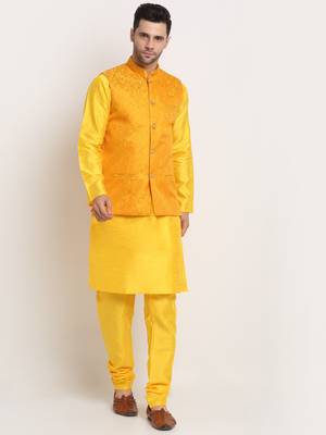 Yellow Silk Blend Kurta and churidar with Jacquard Yellow Nehru jacket 1