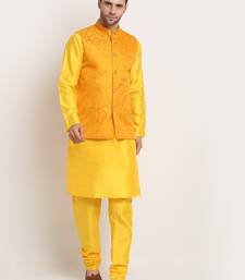 Yellow Silk Blend Kurta and churidar with Jacquard Yellow Nehru jacket