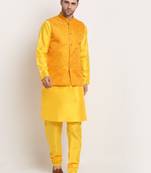Yellow Silk Blend Kurta and churidar with Jacquard Yellow Nehru jacket