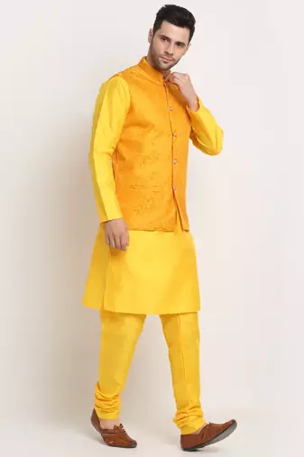 Yellow Silk Blend Kurta and churidar with Jacquard Yellow Nehru jacket