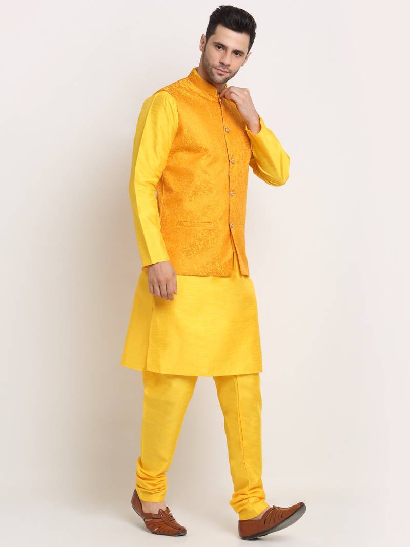 Yellow Silk Blend Kurta and churidar with Jacquard Yellow Nehru jacket